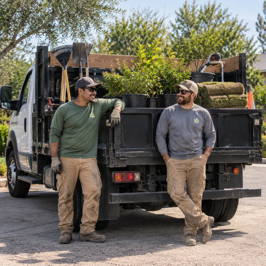 Landscaping crew loading equipment from the work truck