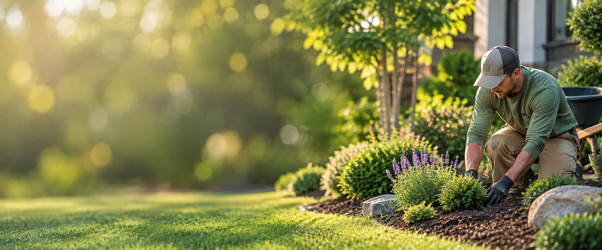 A landscaper kneeling to plant shrubs in a manicured yard, with open lawn on the left