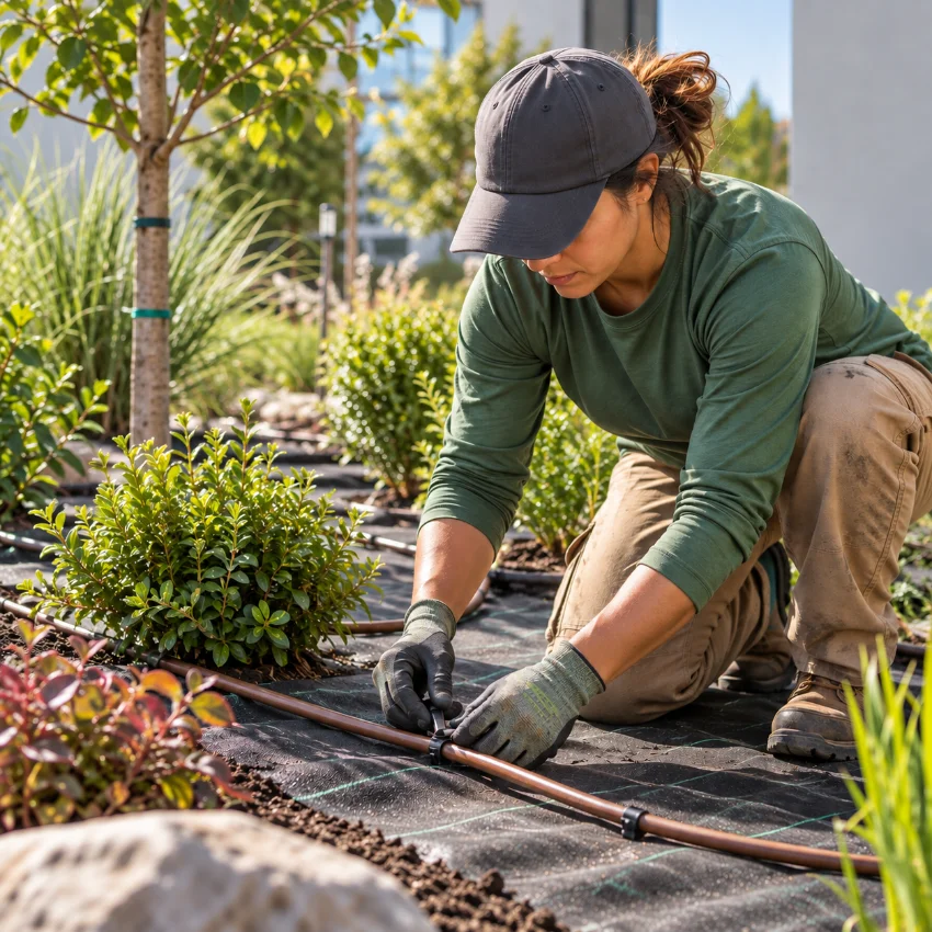 Close-up of gloved hands planting a shrub with hand tools nearby